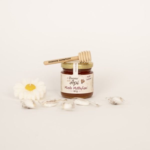 Bomboniera miele millefiori 120g con candela di cera d'api, confetti, spargimiele e grafica personalizzata