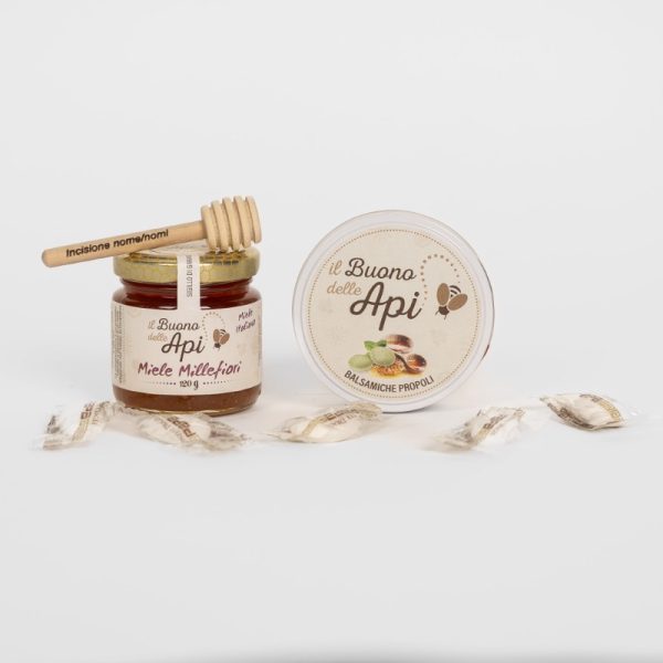 Bomboniera miele 120g con caramelle in latta, confetti, spargimiele e grafica personalizzata