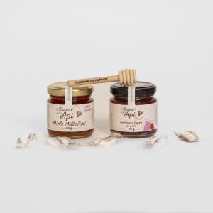 Bomboniera miele millefiori 120g con confettura fragola 100g, confetti, spargimiele e grafica personalizzata