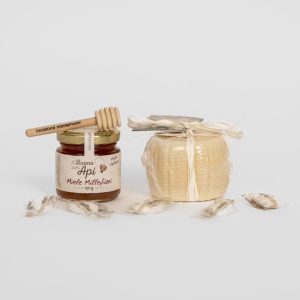 Bomboniera miele millefiori 120g con formaggio pecorino, confetti, spargimiele e grafica personalizzata