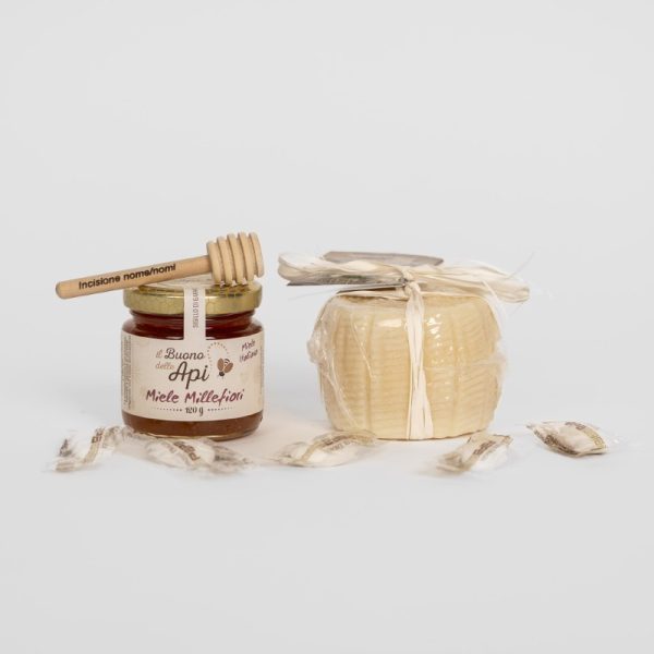 Bomboniera miele millefiori 120g con formaggio pecorino, confetti, spargimiele e grafica personalizzata