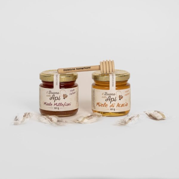 Bomboniera miele millefiori 120g con miele di acacia 120g, confetti, spargimiele e grafica personalizzata