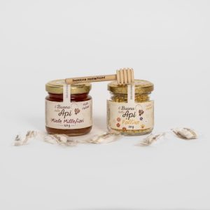 Bomboniera miele millefiori 120g con polline d'api 50g, confetti, spargimiele e grafica personalizzata