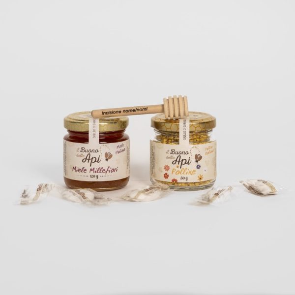 Bomboniera miele millefiori 120g con polline d'api 50g, confetti, spargimiele e grafica personalizzata