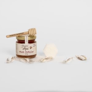 Bomboniera miele millefiori 120g con sapone cera d'api, confetti, spargimiele e grafica personalizzata