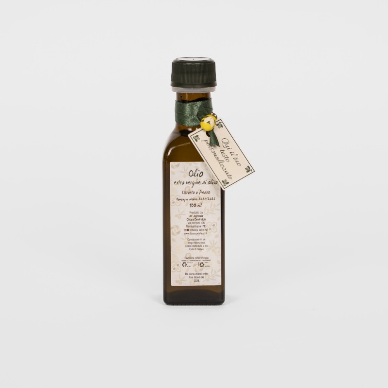 Segnaposto olio 100 ml con nastro verde scuro apina in legno e biglietto personalizzato