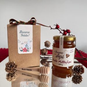 Confezione Natale 2025 con miele millefiori 220g e spargimiele con scritta Buon Natale